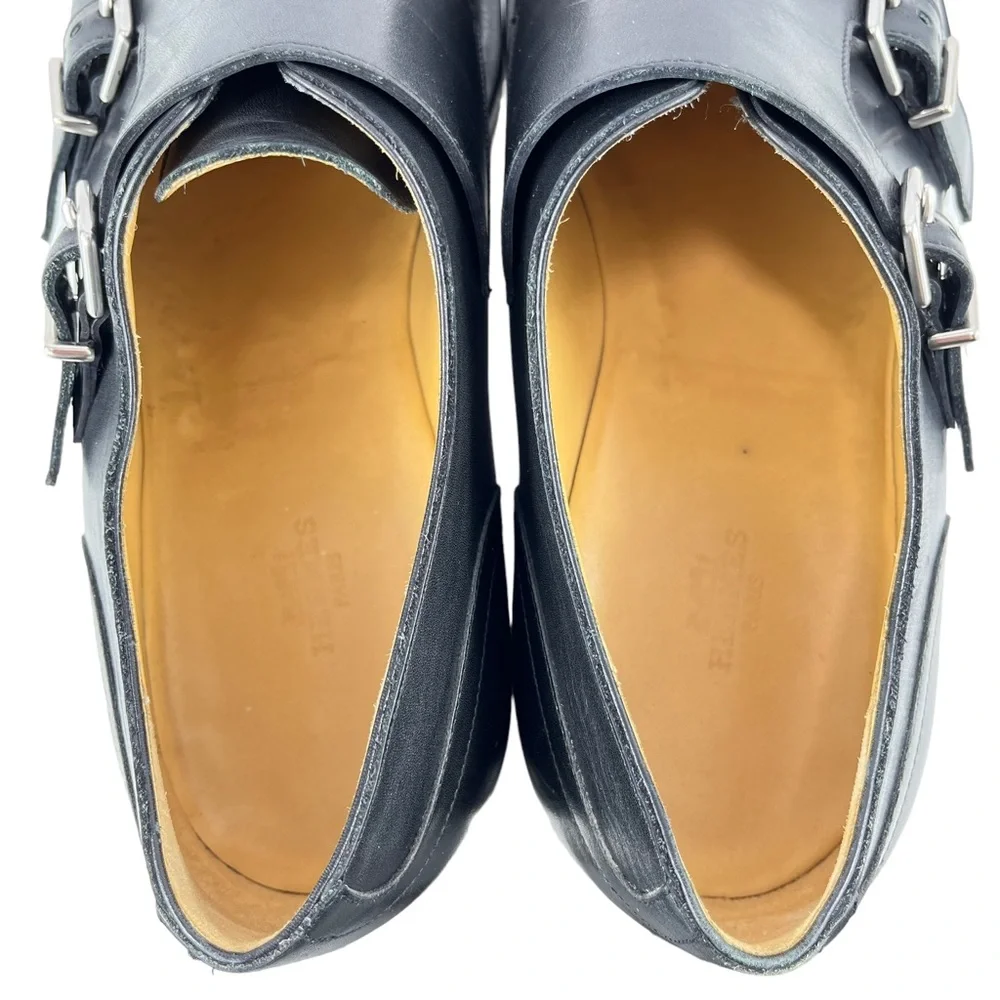 Hermès Men’s 42 Double Monk Strap Black Calfskin Dress Shoes Silver‎ Buckles